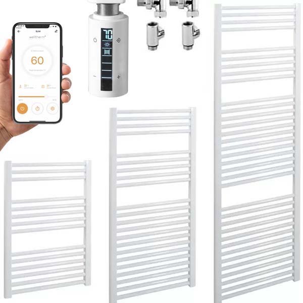 Aura Straight White Dual Fuel Thermostatic Towel Warmer With Wifi