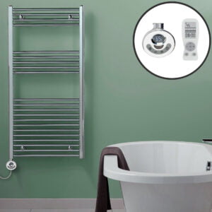 Aura Straight Chrome Thermostatic Electric Towel Warmer With Timer Efficient Heating, Well Made, Excellent Value Buy Online From Solaire Quartz UK Shop