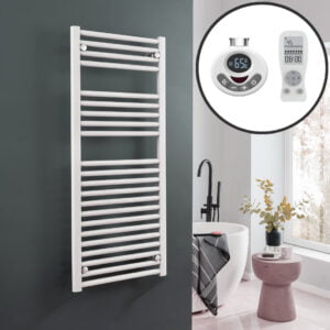 Aura Straight White Thermostatic Electric Towel Warmer With Timer, Remote Efficient Heating, Well Made, Excellent Value Buy Online From Solaire Quartz UK Shop