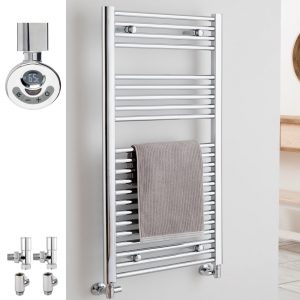Aura 25 Straight Chrome Dual Fuel Heated Towel Rail, Thermostatic + Timer Efficient Heating, Well Made, Excellent Value Buy Online From Solaire Quartz UK Shop