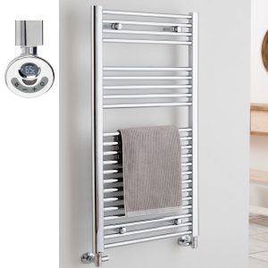 Aura 25 Straight Thermostatic Electric Heated Towel Rail + Timer (Chrome / White) Efficient Heating, Well Made, Excellent Value Buy Online From Solaire Quartz UK Shop