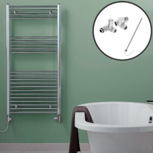 Aura Straight Dual Fuel Towel Warmer With Valves And Element, Chrome Efficient Heating, Well Made, Excellent Value Buy Online From Solaire Quartz UK Shop