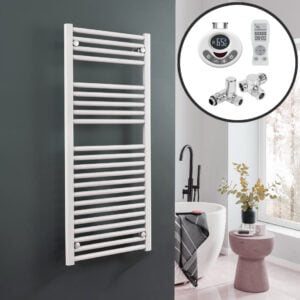 Aura Straight Dual Fuel Towel Warmer, Thermostatic With Timer, White Efficient Heating, Well Made, Excellent Value Buy Online From Solaire Quartz UK Shop 3