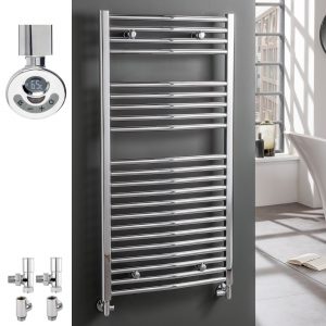 Aura 25 Curved Chrome Duel Fuel Heated Towel Rail, Thermostatic + Timer Efficient Heating, Well Made, Excellent Value Buy Online From Solaire Quartz UK Shop