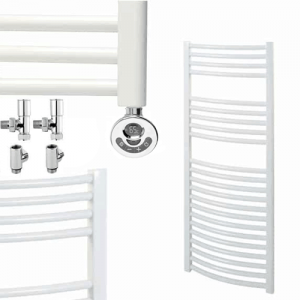 Aura 25 Curved White Duel Fuel Heated Towel Rail, Thermostatic + Timer Efficient Heating, Well Made, Excellent Value Buy Online From Solaire Quartz UK Shop