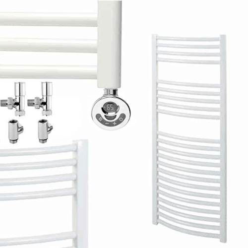 Aura 25 Curved White Duel Fuel Heated Towel Rail, Thermostatic + Timer Efficient Heating, Well Made, Excellent Value Buy Online From Solaire Quartz UK Shop 3