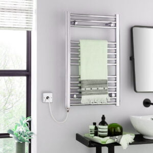 Aura Straight Chrome Electric Towel Warmer, Prefilled Efficient Heating, Well Made, Excellent Value Buy Online From Solaire Quartz UK Shop
