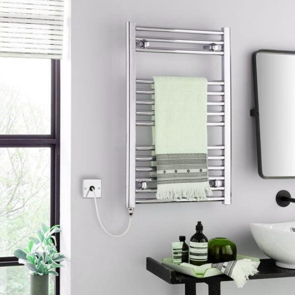 Aura Straight Chrome Electric Towel Warmer, Prefilled Efficient Heating, Well Made, Excellent Value Buy Online From Solaire Quartz UK Shop 3