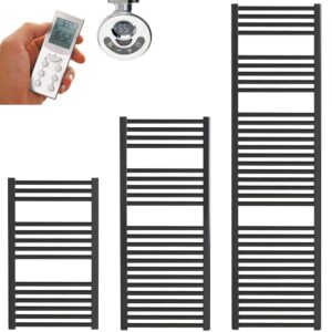 Aura 25 Straight Black Thermostatic Electric Heated Towel Rail + Timer, Remote Efficient Heating, Well Made, Excellent Value Buy Online From Solaire Quartz UK Shop