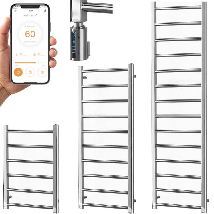 Aura Ronda Chrome Smart Electric Towel Rail with Thermostat, Timer + WiFi Control Efficient Heating, Well Made, Excellent Value Buy Online From Solaire Quartz UK Shop