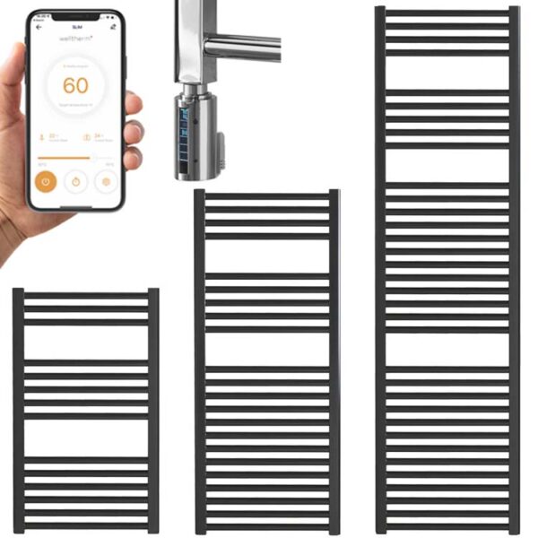 Aura Straight Black | Smart Electric Towel Rail with Thermostat, Timer + WiFi Control Efficient Heating, Well Made, Excellent Value Buy Online From Solaire Quartz UK Shop 3