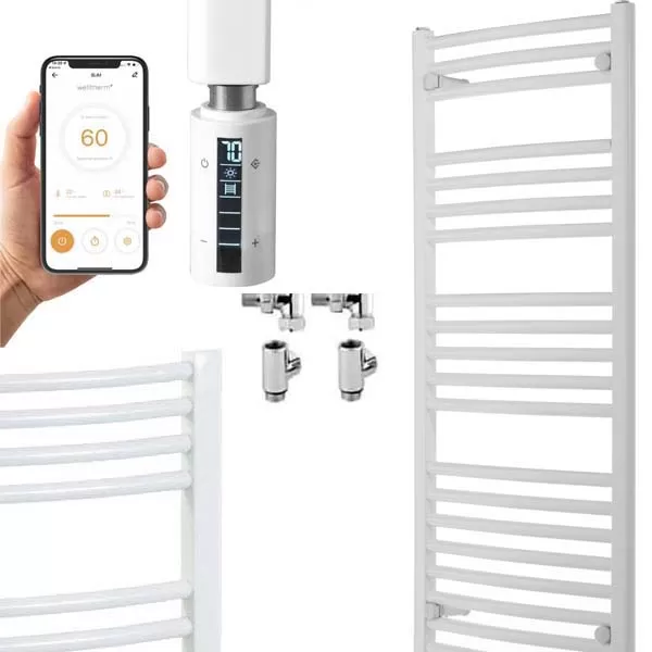 Aura 25 Curved White | Dual Fuel Towel Rail with Thermostat, Timer + WiFi Control Efficient Heating, Well Made, Excellent Value Buy Online From Solaire Quartz UK Shop