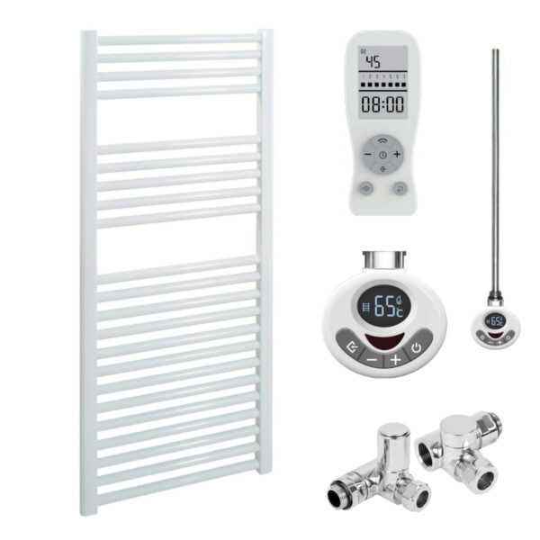 Aura Straight Dual Fuel Towel Warmer, Thermostatic With Timer, White Efficient Heating, Well Made, Excellent Value Buy Online From Solaire Quartz UK Shop 11