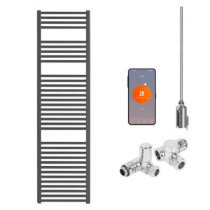 Aura Black | Dual Fuel Towel Rail with Thermostat, Timer + WiFi Control Efficient Heating, Well Made, Excellent Value Buy Online From Solaire Quartz UK Shop