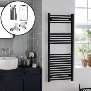 Aura Black | Dual Fuel Towel Rail with Thermostat, Timer + WiFi Control Efficient Heating, Well Made, Excellent Value Buy Online From Solaire Quartz UK Shop