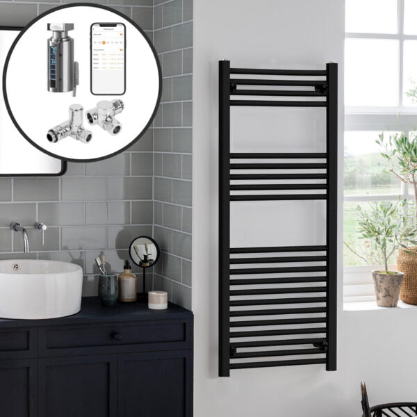 Aura Black | Dual Fuel Towel Rail with Thermostat, Timer + WiFi Control Efficient Heating, Well Made, Excellent Value Buy Online From Solaire Quartz UK Shop 4
