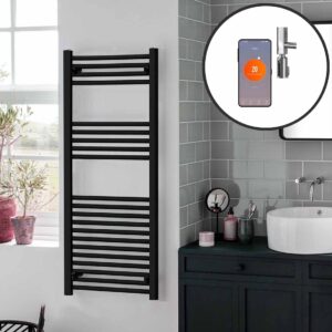 Aura Straight Black | Smart Electric Towel Rail with Thermostat, Timer + WiFi Control Efficient Heating, Well Made, Excellent Value Buy Online From Solaire Quartz UK Shop 3