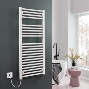 Aura Straight White Electric Towel Warmer, Prefilled Efficient Heating, Well Made, Excellent Value Buy Online From Solaire Quartz UK Shop