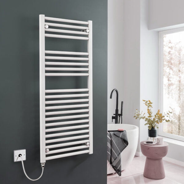 Aura Straight White Electric Towel Warmer, Prefilled Efficient Heating, Well Made, Excellent Value Buy Online From Solaire Quartz UK Shop 3