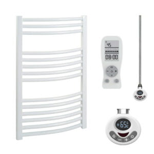 Aura Curved White Thermostatic Electric Towel Warmer With Timer, Remote Efficient Heating, Well Made, Excellent Value Buy Online From Solaire Quartz UK Shop