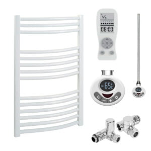 Aura Curved Duel Fuel Towel Warmer, Thermostatic With Timer, White Efficient Heating, Well Made, Excellent Value Buy Online From Solaire Quartz UK Shop