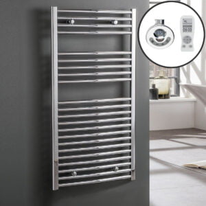 Aura Curved Chrome Thermostatic Electric Towel Warmer With Timer Efficient Heating, Well Made, Excellent Value Buy Online From Solaire Quartz UK Shop