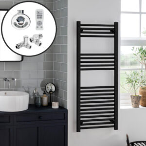 Aura Straight Dual Fuel Towel Warmer, Thermostatic With Timer, Black Efficient Heating, Well Made, Excellent Value Buy Online From Solaire Quartz UK Shop
