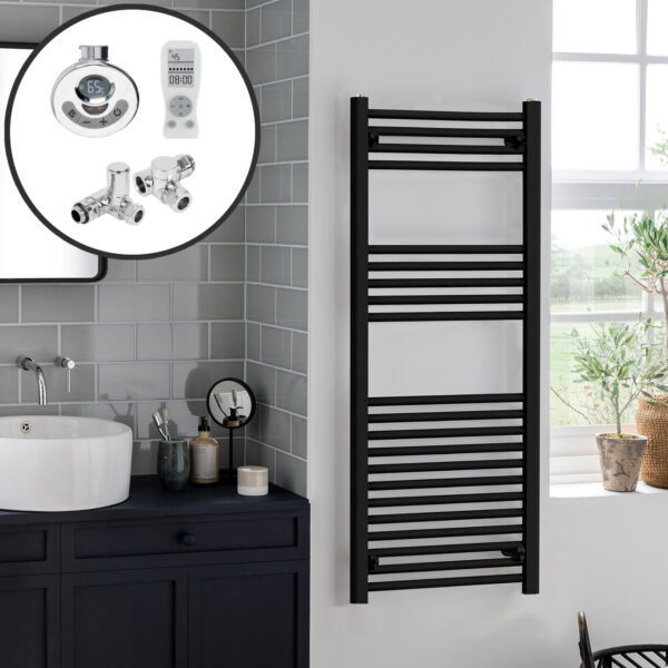 Aura Straight Dual Fuel Towel Warmer, Thermostatic With Timer, Black Efficient Heating, Well Made, Excellent Value Buy Online From Solaire Quartz UK Shop 3
