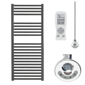 Aura Straight Anthracite Heated Towel Rail – Electric, Thermostat + Timer Efficient Heating, Well Made, Excellent Value Buy Online From Solaire Quartz UK Shop